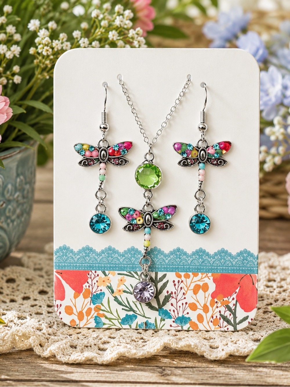 Dragonfly Necklace & Earrings Set Colorful Rhinestone Silver Tone